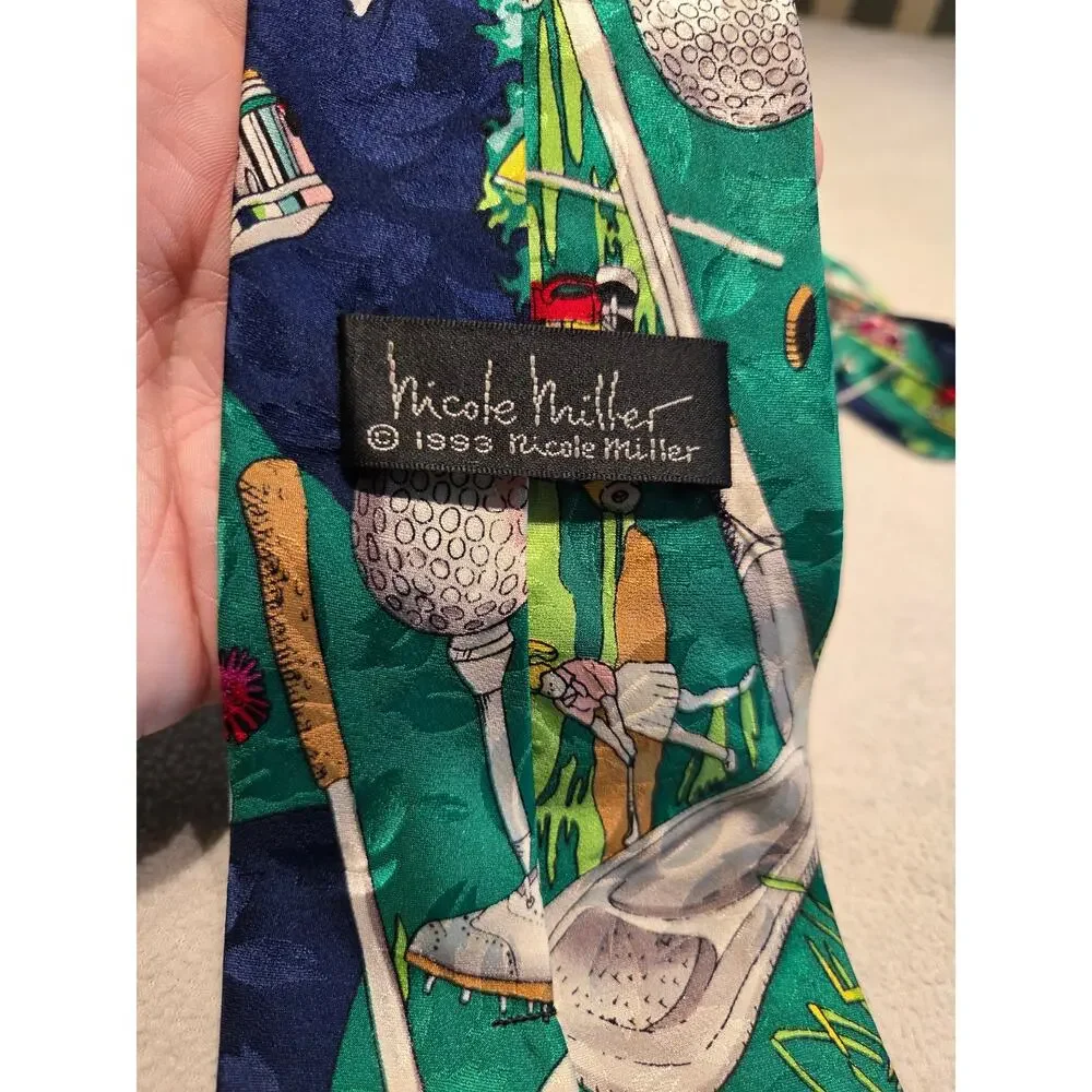 Nicole Miller Golf Tie Silk Green Novelty Necktie Golfer In The Ruff 1993 Mens